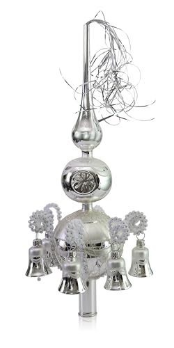 Doppelspitze mit Glöckchen Silber, umsponnen L ca. 33cm d(Kugeln) 6/8cm Christbaumschmuck Weihnachtsbaumschmuck mundgeblasen,handdekoriert,Leonischer Draht Lauschaer Glas das Original von Lauschaer Glas