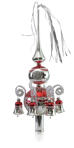 Doppelspitze mit Glöckchen Silber rot, umsponnen L ca. 33cm d(Kugeln) 6/8cm Christbaumschmuck Weihnachtsbaumschmuck mundgeblasen,handdekoriert,Leonischer Draht Lauschaer Glas das Original von Lauschaer Glas