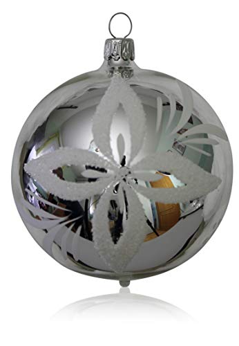 Lauschaer Glas Christbaumkugeln Silber mit weißen Blumen 3 Stück d 8cm Christbaumschmuck Weihnachtsbaumschmuck mundgeblasen handdekoriert Lauschaer Glas das Original von Lauschaer Glas