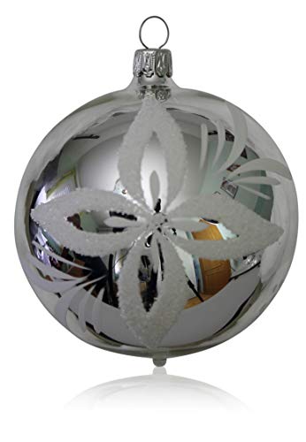 Lauschaer Glas Christbaumkugeln Silber mit weißen Blumen 5 Stück d 5cm Christbaumschmuck Weihnachtsbaumschmuck mundgeblasen handdekoriert von Lauschaer Glas