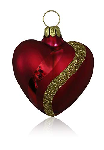 Lauschaer Glas Christbaumschmuck Herzen klein dunkelrot matt mit Dekor 4 Stück Christbaumschmuck Weihnachtsschmuck mundgeblasen,handdekoriert von Lauschaer Glas