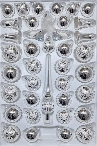 Lauschaer Glas Christbaumschmuck Sortiment mit klingenden Glocken silber mit weißen Blumen 39 Teile Christbaumschmuck Weihnachtsschmuck mundgeblasen,handdekoriert Lauschaer Glas Christbaumschmuck Sortiment mit klingenden Glocken silber mit weißen Blumen 39 Teile Christbaumschmuck Weihnachtsschmuck mundgeblasen,handdekoriert von Lauschaer Glas