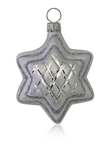 Lauschaer Glas Christbaumschmuck Sterne Eislack weiß mit Dekor 4 Stück Christbaumschmuck Weihnachtsbaumschmuck mundgeblasen, handdekoriert von Lauschaer Glas