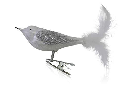 Lauschaer Glas Christbaumschmuck Vögel mit Federschwanz Eislack weiß mit Dekor 3 Stück Christbaumschmuck Weihnachtsbaumschmuck mundgeblasen, handdekoriert von Lauschaer Glas