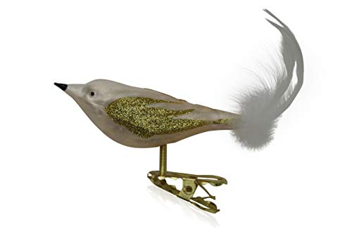 Lauschaer Glas Christbaumschmuck Vogel mit Federschwanz Eislack Champagner 3 Stück Christbaumschmuck Weihnachtsbaumschmuck mundgeblasen, handdekoriert von Lauschaer Glas