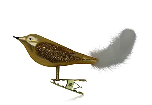 Lauschaer Glas Christbaumschmuck Vogel mit Federschwanz Gold matt 3 Stück Christbaumschmuck Weihnachtsbaumschmuck mundgeblasen, handdekoriert von Lauschaer Glas