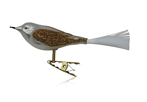 Lauschaer Glas Christbaumschmuck Vogel mit Glasschwanz weiß matt Christbaumschmuck Weihnachtsbaumschmuck mundgeblasen, handdekoriert von Lauschaer Glas