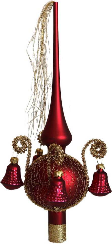 Lauschaer Glas Christbaumspitze Weihnachtsbaumspitze mit Formglöckchen, umsponnen mit Leonischem Draht, mundgeblasen, handdekoriert, handbemalt, in Lauscha hergestellt von Lauschaer Glas