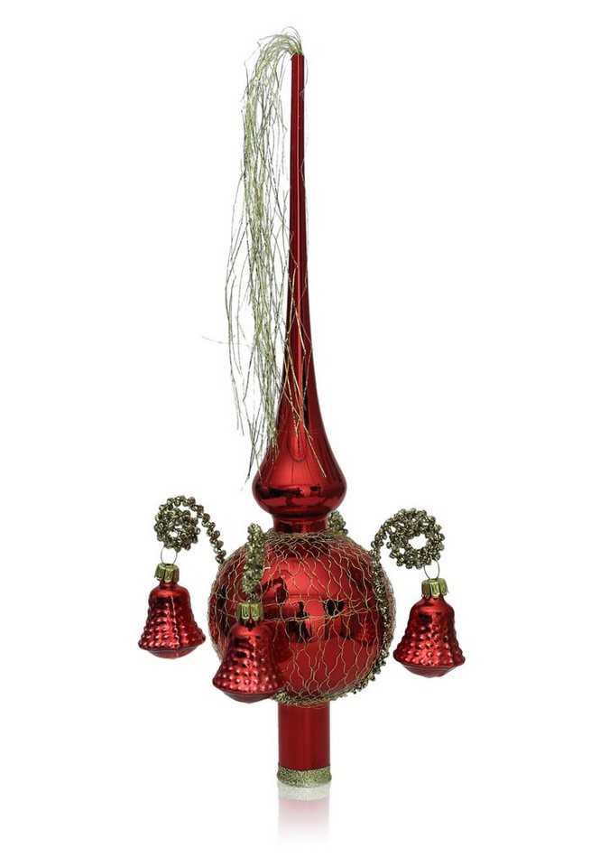 Lauschaer Glas Christbaumspitze Weihnachtsbaumspitze mit Formglöckchen, umsponnen mit Leonischem Draht, mundgeblasen, handdekoriert, handbemalt, in Lauscha hergestellt von Lauschaer Glas