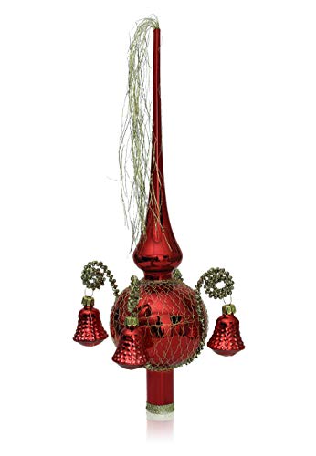 Lauschaer Glas Weihnachtsbaumspitze mit Formglöckchen rot Glanz, umsponnen L ca. 28cm d(Kugel) 7cm Christbaumschmuckspitze mundgeblasen,handdekoriert,Leonischer Draht von Lauschaer Glas