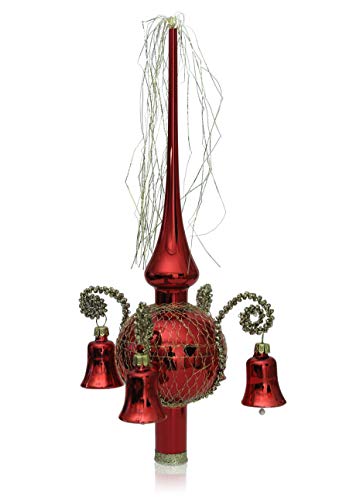 Lauschaer Glas Weihnachtsbaumspitze mit Glöckchen rot Glanz, umsponnen L ca. 28cm d(Kugel) 7cm Christbaumschmuckspitze mundgeblasen,handdekoriert,Leonischer Draht von Lauschaer Glas
