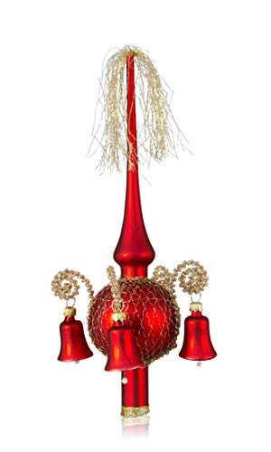 Lauschaer Glas Weihnachtsbaumspitze mit Glöckchen rot matt, umsponnen L ca. 28cm d(Kugel) 7cm Christbaumschmuckspitze mundgeblasen,handdekoriert,Leonischer Draht von Lauschaer Glas