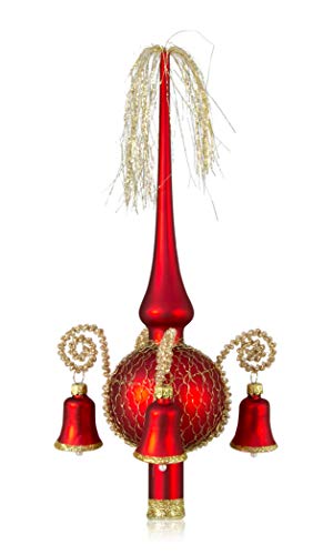 Lauschaer Glas Weihnachtsbaumspitze mit dekorierten Glöckchen rot matt, umsponnen L ca. 28cm d(Kugel) 7cm Christbaumschmuckspitze mundgeblasen,handdekoriert,Leonischer Draht von Lauschaer Glas