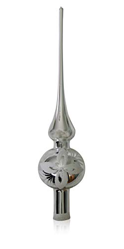 Lauschaer Glas Christbaumschmuck Spitze Silber mit weißen Blumen d 6cm Christbaumschmuck Weihnachtsschmuck mundgeblasen,handdekoriert von Lauschaer Glas