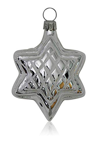 Lauschaer Glas Christbaumschmuck Sterne Silber mit Dekor 4 Stück Christbaumschmuck Weihnachtsschmuck mundgeblasen,handdekoriert von Lauschaer Glas