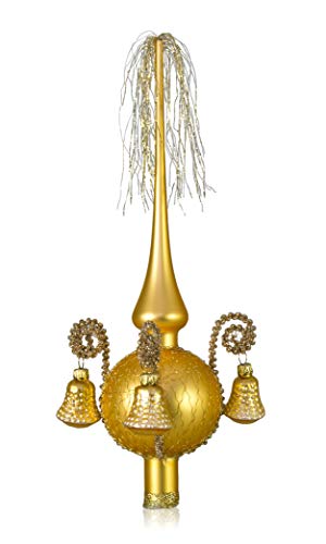 Lauschaer Glas Weihnachtsbaumspitze mit Formglöckchen Gold matt, umsponnen L ca. 28cm d(Kugel) 7cm Christbaumschmuckspitze mundgeblasen,handdekoriert, Leonischer Draht von Lauschaer Glas