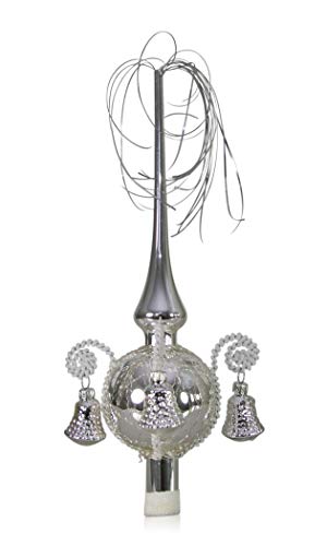 Lauschaer Glas Weihnachtsbaumspitze mit Formglöckchen Silber, umsponnen L ca. 28cm d(Kugel) 7cm Christbaumschmuckspitze mundgeblasen,handdekoriert,Leonischer Draht von Lauschaer Glas