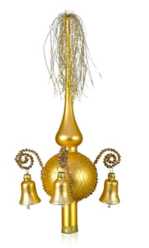 Lauschaer Glas Weihnachtsbaumspitze mit Glöckchen Gold matt, umsponnen L ca. 28cm d(Kugel) 7cm Christbaumschmuckspitze mundgeblasen,handdekoriert,Leonischer Draht von Lauschaer Glas