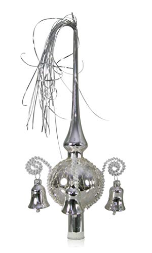 Lauschaer Glas Weihnachtsbaumspitze mit Glöckchen Silber, umsponnen L ca. 28cm d(Kugel) 7cm Christbaumschmuckspitze mundgeblasen,handdekoriert,Leonischer Draht von Lauschaer Glas