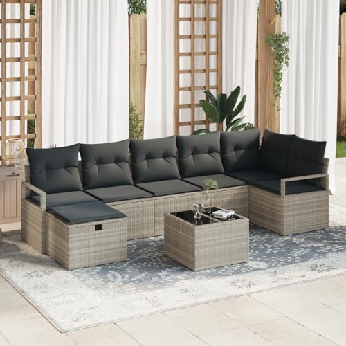 Lauuoeriau 8-teiliges Gartensofa Set mit Kissen Hellgrau Poly Rattan 2-Sitzer Gartensofa mit Kissen Grau Poly Rattan von Lauuoeriau