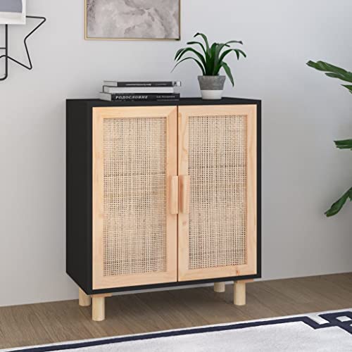 Lauuoeriau Haus & Garten, Möbel-Sideboard schwarz 60x30x70cm Massivholz Kiefer und l Rattan von Lauuoeriau