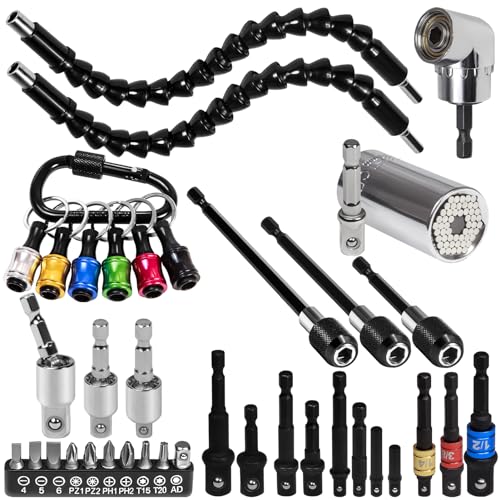 38 Stück Winkelschrauber Set,2stk Flexibler Bithalter Verlängerung und 105°Winkelaufsatz FüR Akkuschrauber,Akkuschrauber Stecknussadapter Set 1/4 3/8 1/2 Zoll,Schraubendreher-Bit-Satz & Bits-Halter von Lauyeboho