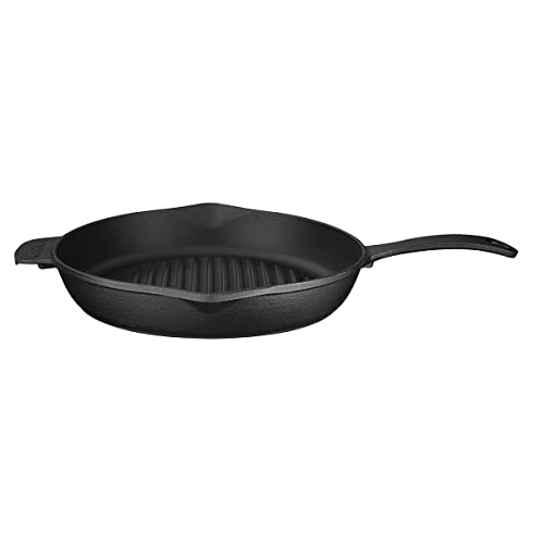 LAVA Cookware Gusseisen emailliert Grillpfanne mit Metallgriff, 2 Ausgiesser, Boden nach innen gewölbt, rund, 28 cm, schwarz von Lava