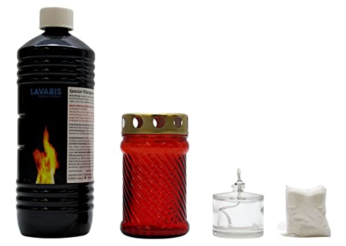 LAVABIS Set 1 Liter Flüssigwachs + Grablicht Glas, rot, Ø 7 cm, 13 cm H, mit Golddeckel inkl. nachfüllbare Flüssigwachskerze von Lavabis