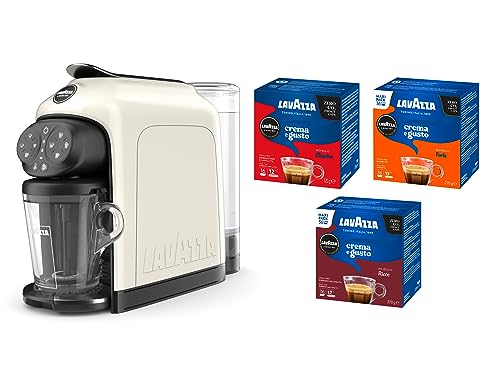 Lavazza, A Modo Mio Deséa White Cream Kaffeemaschine mit 88 Kapseln Crema und Gusto sortiert, Espressomaschine 1500 W, 220-240 V, 50/60 Hz, Kapazität max. 10 Kaffeekapseln und 1,1 Liter Wasser von Lavazza