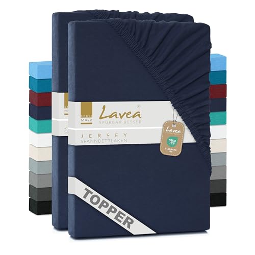 2er Set Lavea Topper Spannbettlaken - Spannbetttuch Jersey Topper Serie Maya, 200x220cm, Galaxyblau, 100% Baumwolle, hochwertige Verarbeitung, mit Gummizug von Lavea