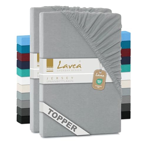 2er Set Lavea Topper Spannbettlaken - Spannbetttuch Jersey Topper Serie Maya, 200x220cm, Silber, 100% Baumwolle, hochwertige Verarbeitung, mit Gummizug von Lavea