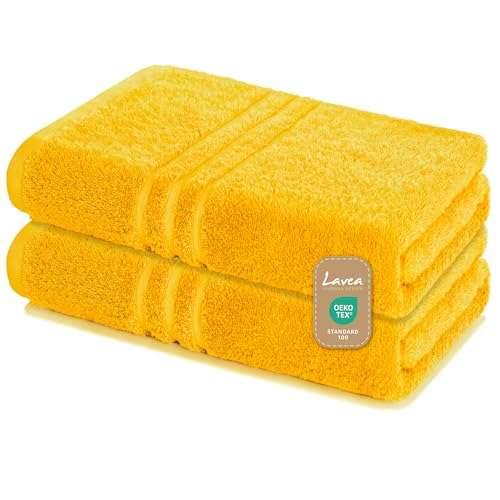 Lavea 2er Set Saunatuch 80x200 cm – Hochwertige, Saugstarke Saunatücher aus 100% Baumwolle, Frottierserie Elena – Waschbar und Strapazierfähig - Rapsgelb von Lavea