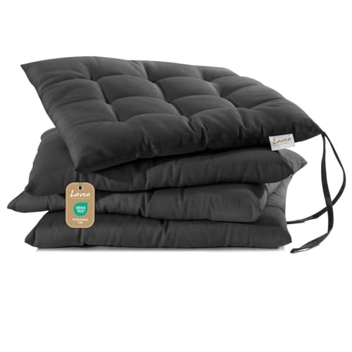 Lavea® Sitzkissen 40x40 cm Anthrazit – 4er Set – mit Stoffbändern, Outdoor & Indoor geeignet – Bequeme und Waschbare Stuhlkissen für Garten, Balkon, Terrasse & Esszimmer von Lavea