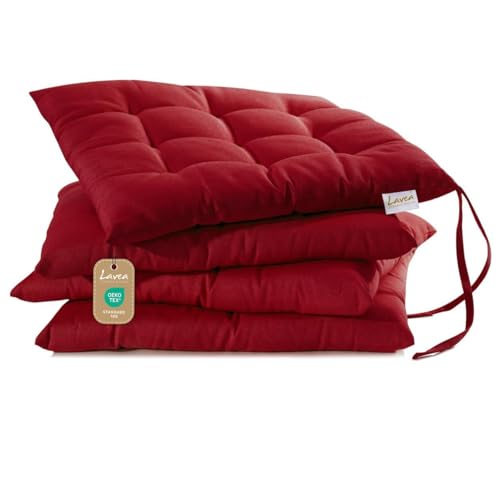 Lavea® Sitzkissen 40x40 cm Bordeaux – 4er Set – mit Stoffbändern, Outdoor & Indoor geeignet – Bequeme und Waschbare Stuhlkissen für Garten, Balkon, Terrasse & Esszimmer von Lavea