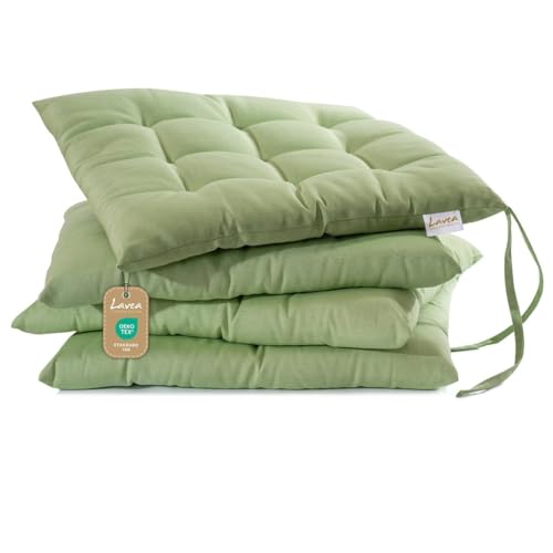 Lavea® Sitzkissen 40x40 cm Eukalyptus – 4er Set – mit Stoffbändern, Outdoor & Indoor geeignet – Bequeme und Waschbare Stuhlkissen für Garten, Balkon, Terrasse & Esszimmer von Lavea