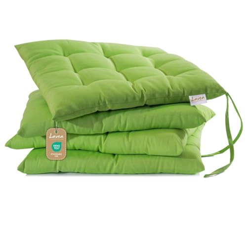 Lavea® Sitzkissen 40x40 cm Lindgrün – 4er Set – mit Stoffbändern, Outdoor & Indoor geeignet – Bequeme und Waschbare Stuhlkissen für Garten, Balkon, Terrasse & Esszimmer von Lavea