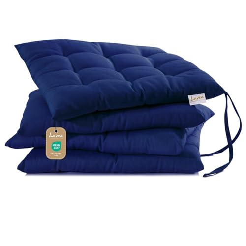 Lavea® Sitzkissen 40x40 cm Navy Blau – 4er Set – mit Stoffbändern, Outdoor & Indoor geeignet – Bequeme und Waschbare Stuhlkissen für Garten, Balkon, Terrasse & Esszimmer von Lavea