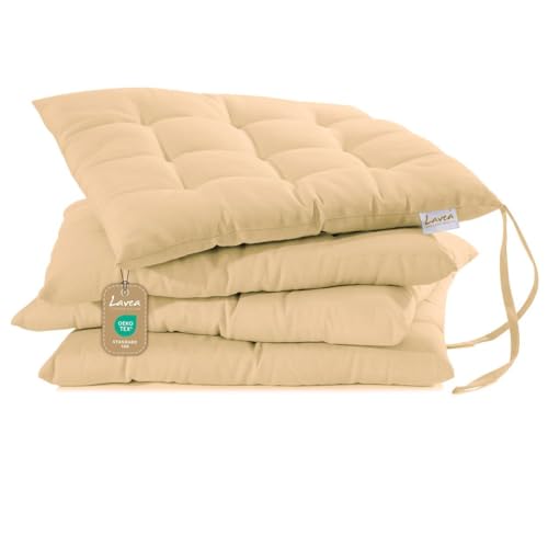 Lavea® Sitzkissen 40x40 cm Sand – 4er Set – mit Stoffbändern, Outdoor & Indoor geeignet – Bequeme und Waschbare Stuhlkissen für Garten, Balkon, Terrasse & Esszimmer von Lavea