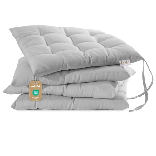 Lavea® Sitzkissen 40x40 cm Silber – 4er Set – mit Stoffbändern, Outdoor & Indoor geeignet – Bequeme und Waschbare Stuhlkissen für Garten, Balkon, Terrasse & Esszimmer von Lavea