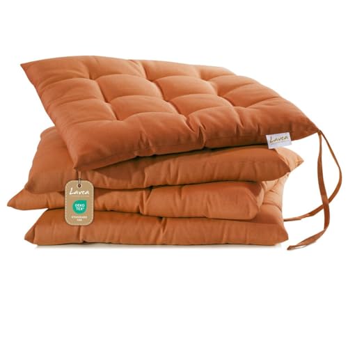 Lavea® Sitzkissen 40x40 cm Terracotta – 4er Set – mit Stoffbändern, Outdoor & Indoor geeignet – Bequeme und Waschbare Stuhlkissen für Garten, Balkon, Terrasse & Esszimmer von Lavea