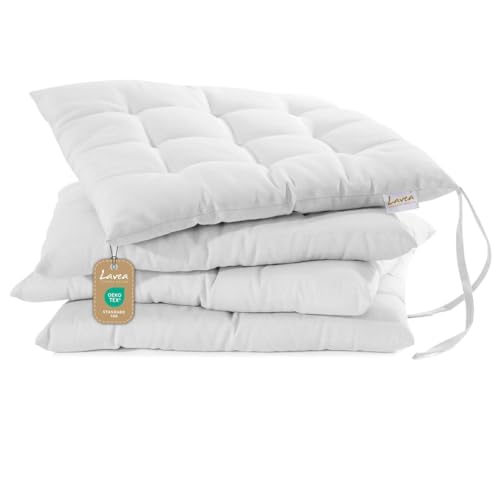 Lavea® Sitzkissen 40x40 cm Weiß – 4er Set – mit Stoffbändern, Outdoor & Indoor geeignet – Bequeme und Waschbare Stuhlkissen für Garten, Balkon, Terrasse & Esszimmer von Lavea