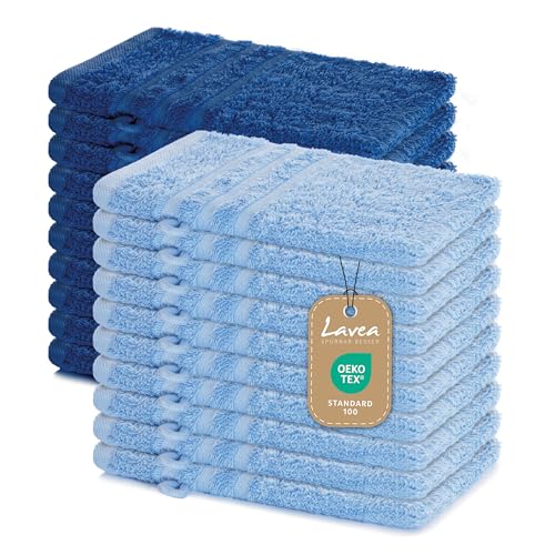 Lavea 20er Set Waschhandschuh 15x21 cm – Saugstarke und Weiche Waschhandschuhe aus 100% Baumwolle, Frottierserie Elena – Waschbare und Strapazierfähige Waschlappen - Delphinblau & Royalblau von Lavea