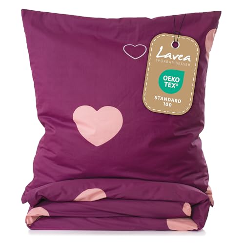 Lavea Bettwäsche Set – Milena 135 x 200 cm + 80 x 80 cm – Herzmotiv Bordeaux-Rosa – Bio Bettwäsche Mädchen – 100% Baumwolle – GOTS Zertifiziert – mit Reißverschluss von Lavea
