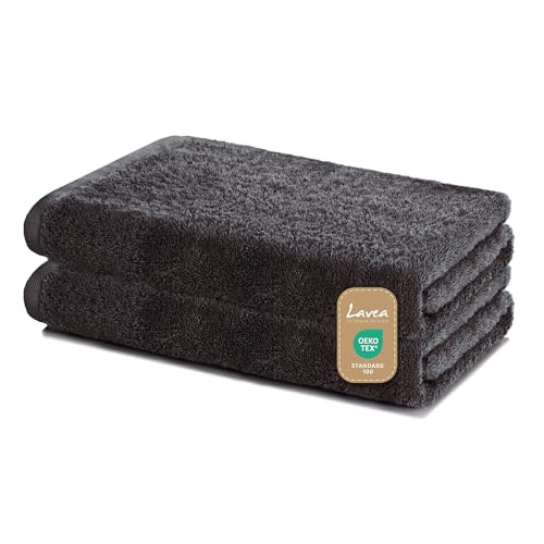 Lavea Duschtücher 2er Set 60x120 cm – Weiche & saugstarke Handtücher aus 100% Baumwolle – Anthrazit – Oeko-TEX 100 Zertifiziert – mit Aufhängeschlaufen – Waschbar bei 60 Grad – Wellness Badetücher von Lavea