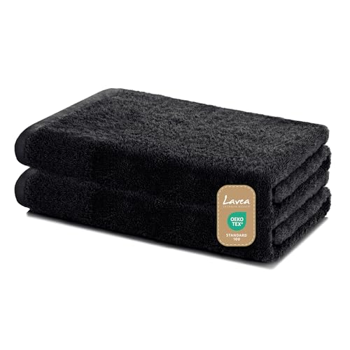 Lavea Duschtücher 2er Set 60x120 cm – Weiche & saugstarke Handtücher aus 100% Baumwolle – Schwarz – Oeko-TEX 100 Zertifiziert – mit Aufhängeschlaufen – Waschbar bei 60 Grad – Wellness Badetücher von Lavea
