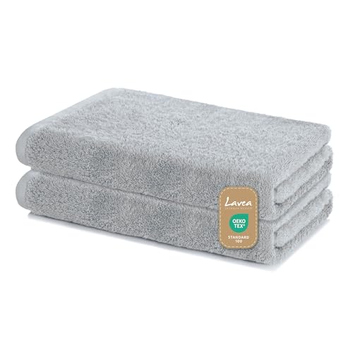 Lavea Duschtücher 2er Set 60x120 cm – Weiche & saugstarke Handtücher aus 100% Baumwolle – Silber – Oeko-TEX 100 Zertifiziert – mit Aufhängeschlaufen – Waschbar bei 60 Grad – Wellness Badetücher von Lavea