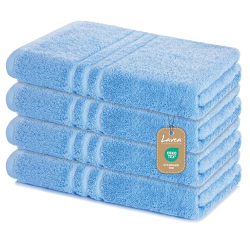 Lavea Duschtücher 4er Set – 70x140 cm – 100% Baumwolle – Weiche & Saugfähige Frottee Handtücher – 500 g/m² – Einfarbig & Zweifarbig – ÖKO-TEX Zertifiziert – Waschbar bis 60°C - Delphinblau von Lavea