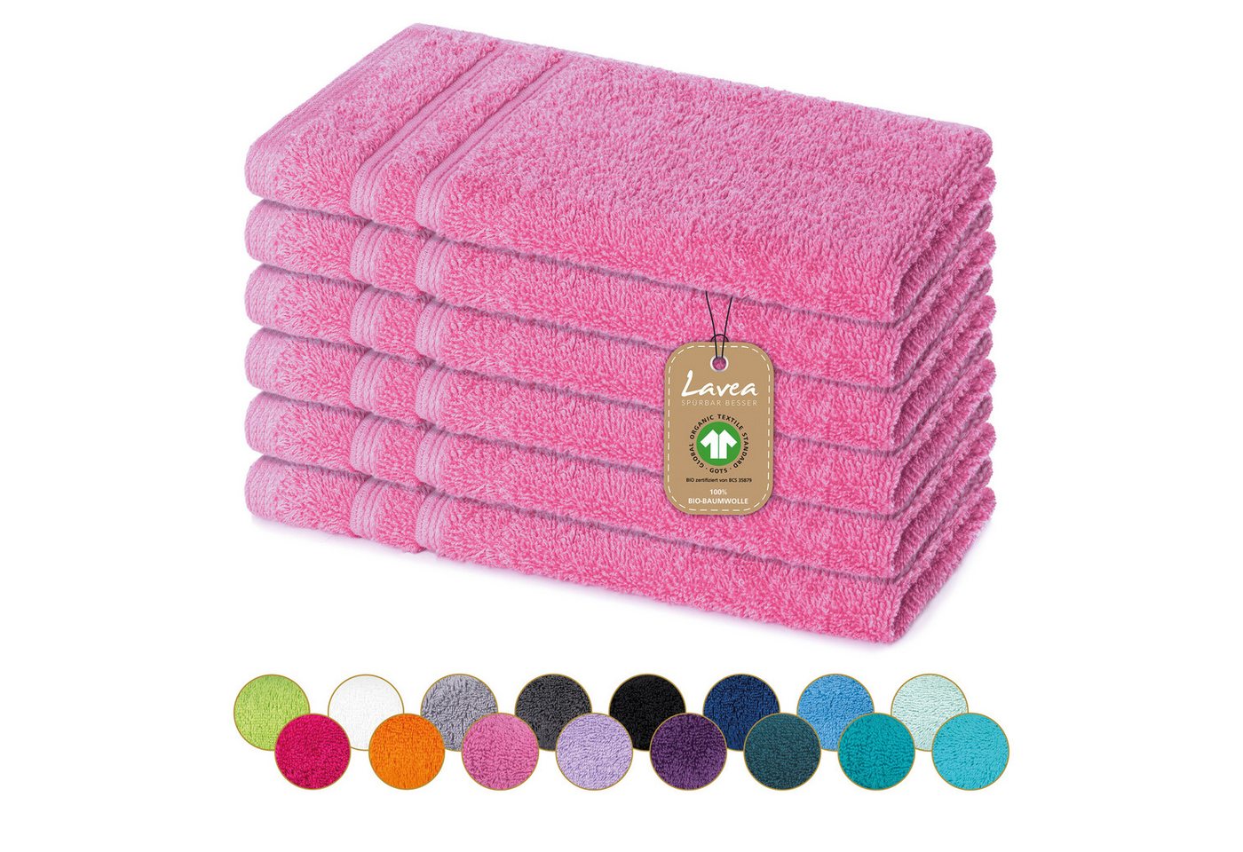 Lavea Gästehandtuch Bali Gästetücher 30x50 cm, Weiches Bio-Baumwollfrottee (Set, 6-St), pflegeleicht, GOTS-zertifiziert, extra saugstark mit 500g/m² von Lavea