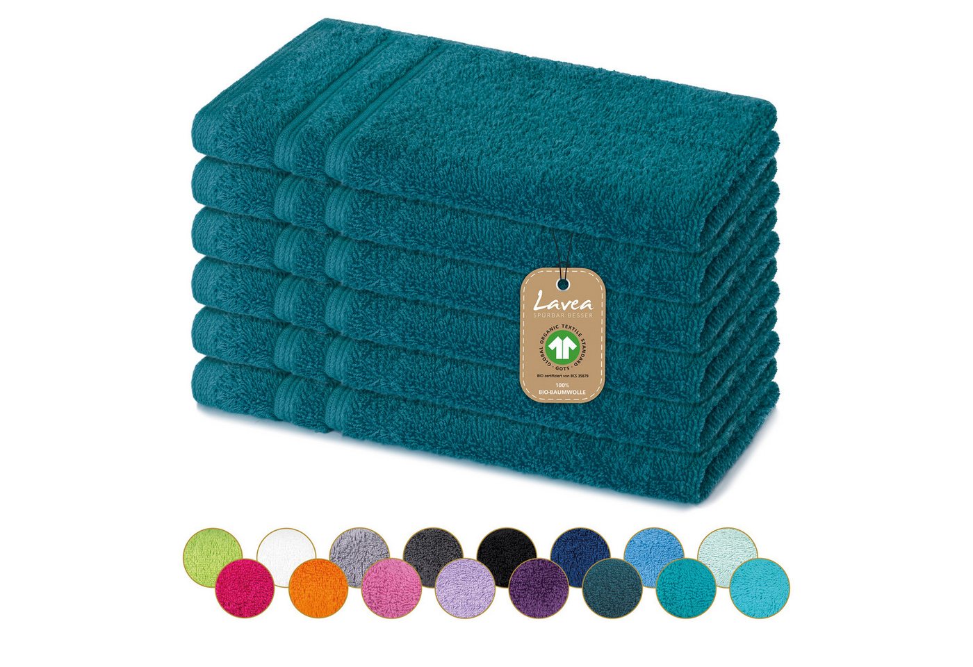 Lavea Gästehandtuch Bali Gästetücher 30x50 cm, Weiches Bio-Baumwollfrottee (Set, 6-St), pflegeleicht, GOTS-zertifiziert, extra saugstark mit 500g/m² von Lavea
