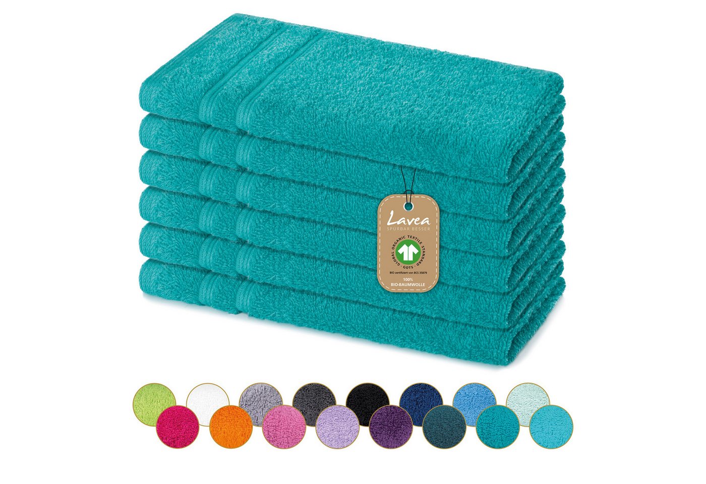 Lavea Gästehandtuch Bali Gästetücher 30x50 cm, Weiches Bio-Baumwollfrottee (Set, 6-St), pflegeleicht, GOTS-zertifiziert, extra saugstark mit 500g/m² von Lavea